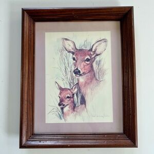 Vintage | Doe & Fawn Print | Paul Whitney Hunter Deer Framed Art | Animal Decor